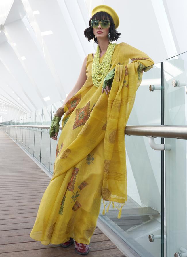 Tissue Yellow Festival Wear Printed Saree